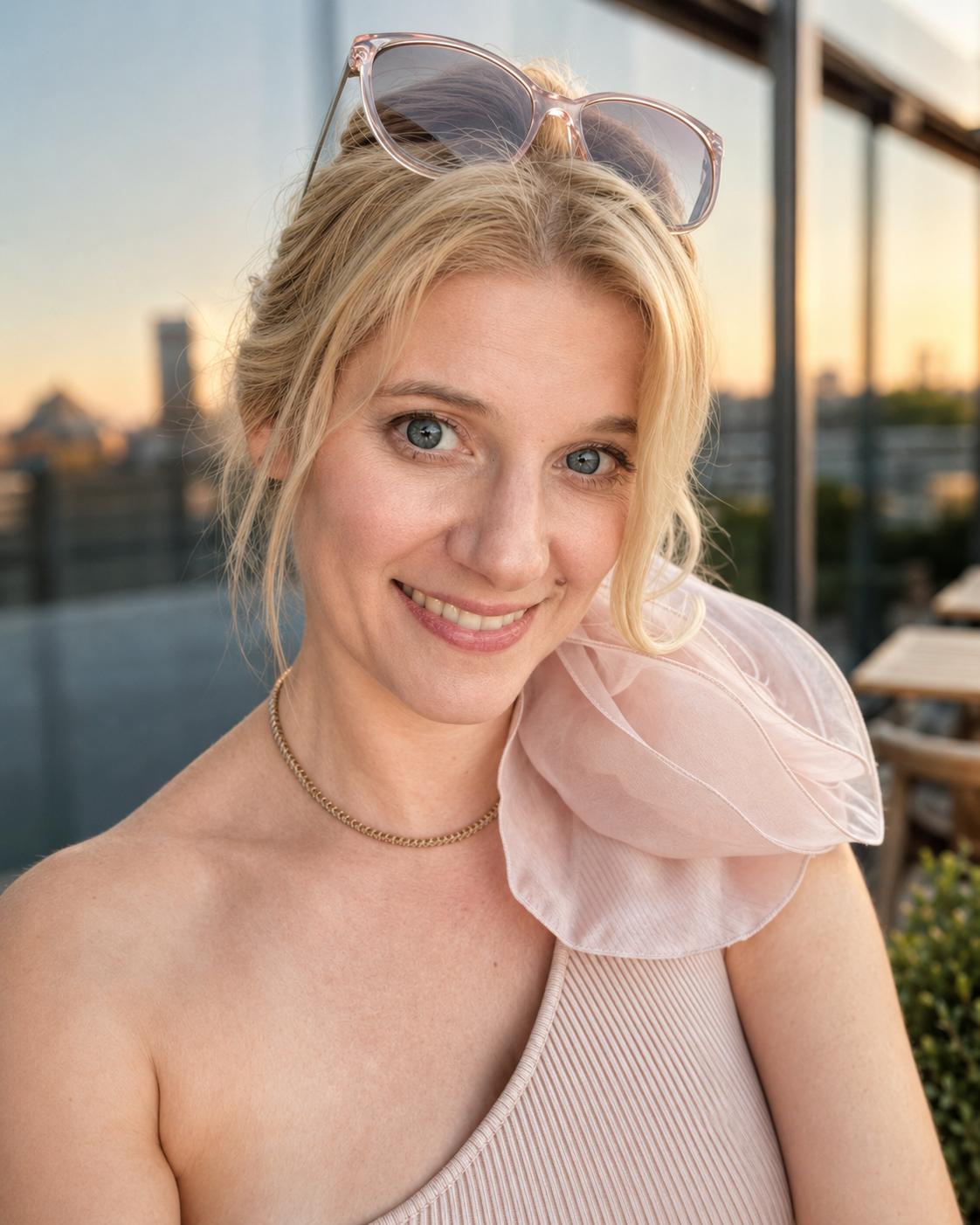 Vanessa Koehler smiling on a rooftop terrace at sunset